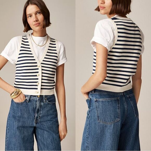 NWT J. Crew Emilie Sweater Vest in Cream Navy Stripe with Gold Buttons - Picture 1 of 9
